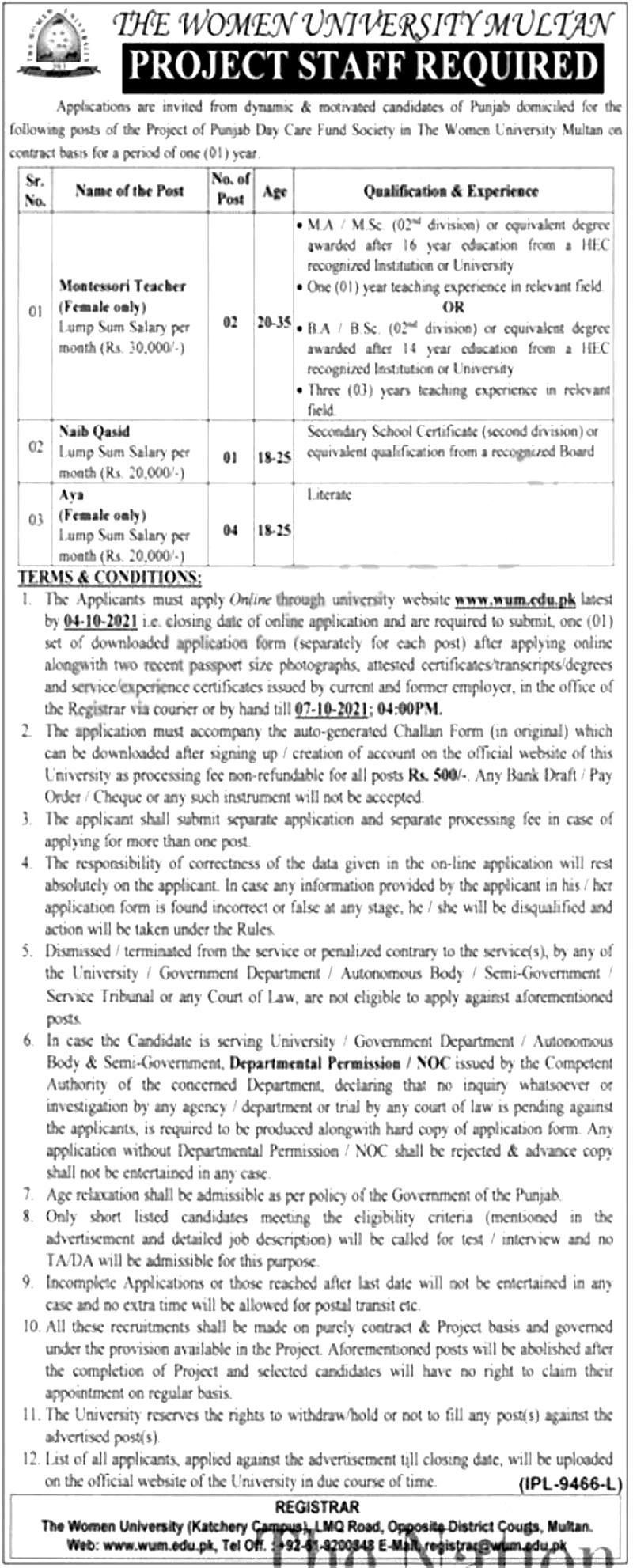 The Women University Multan Jobs 2024 Online Apply Procedure Last Date