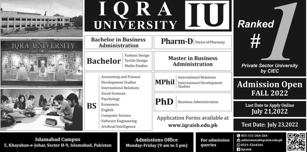 IQRA UNIVERSITY Islamabad Admission 2024 BS Programs Application Form Dates Eligibility Criteria