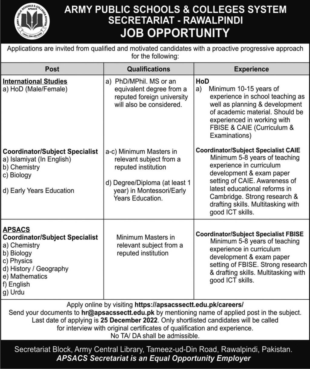 Army Public School And College APS Rawalpindi Jobs 2024 Application Deadline Eligibility Criteria