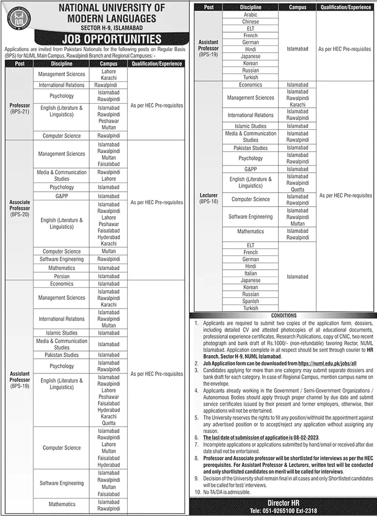 NUML National University Of Modern Languages Jobs 2024 Application Deadline Eligibility Criteria