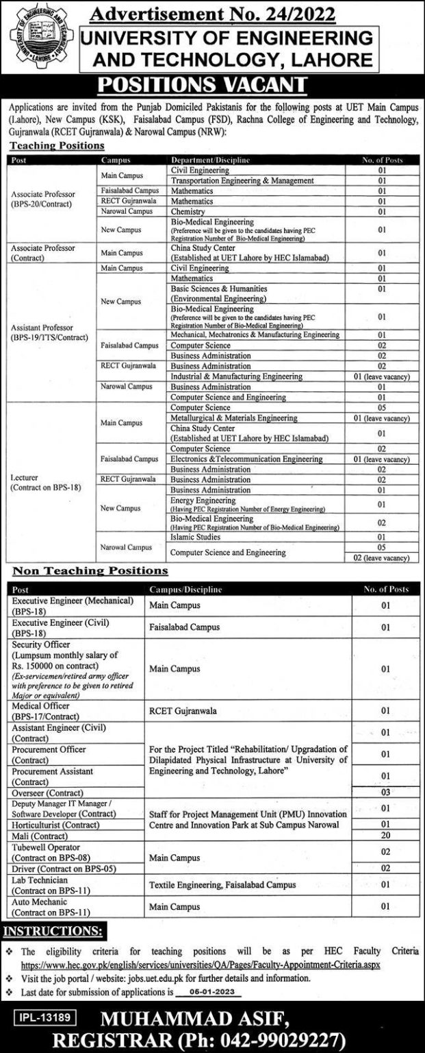 UET Teaching And Non Teaching Lahore Jobs 2024 Online Registration Eligibility Criteria