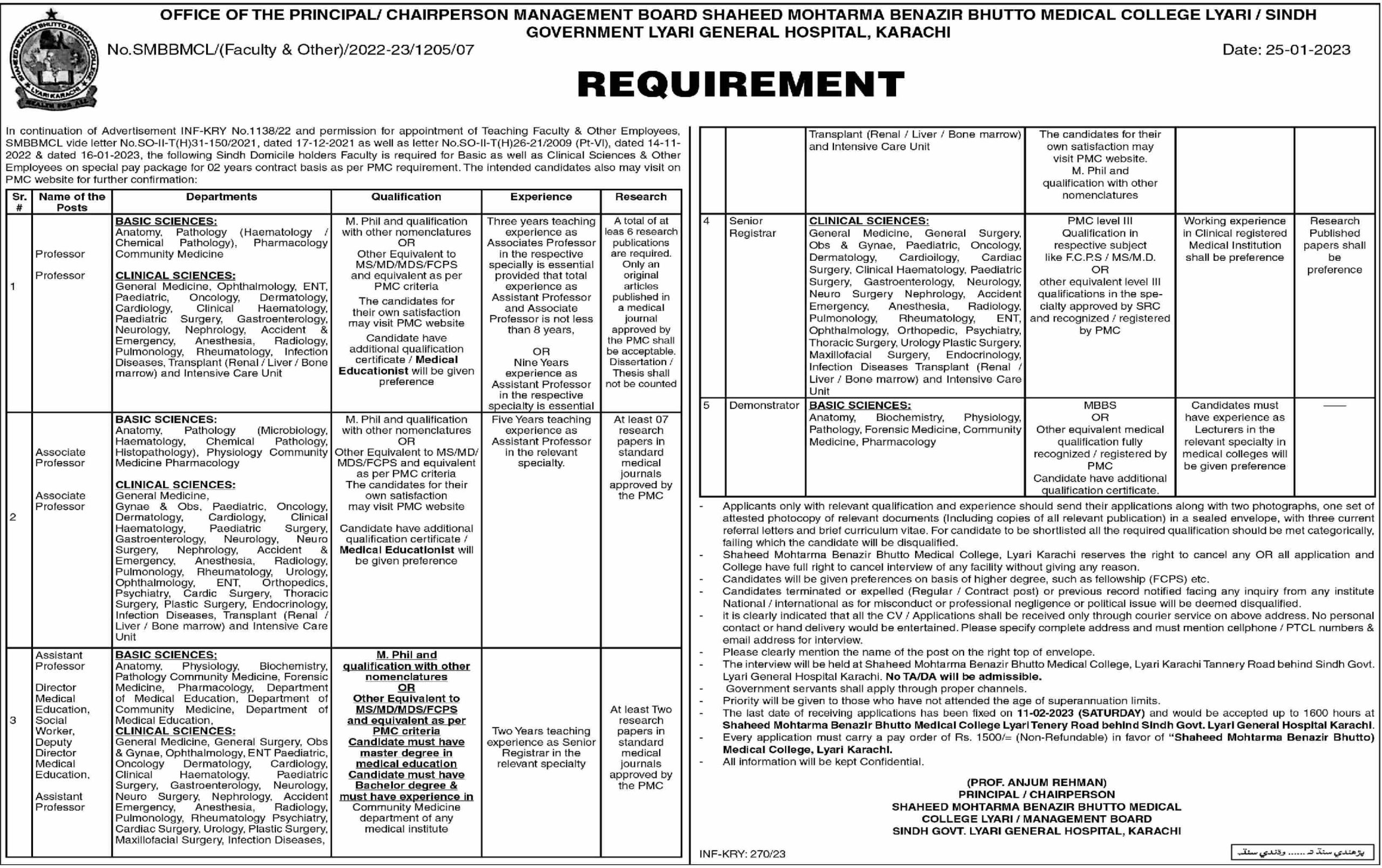 Benazir Bhutto Medical College Jobs 2024 Lyari Apply Online