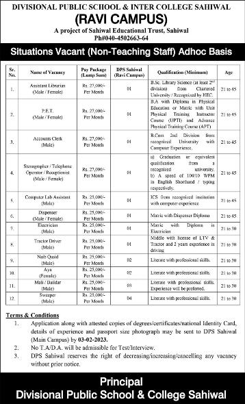 Divisional Public School And College Jobs 2023 Sahiwal Online Apply