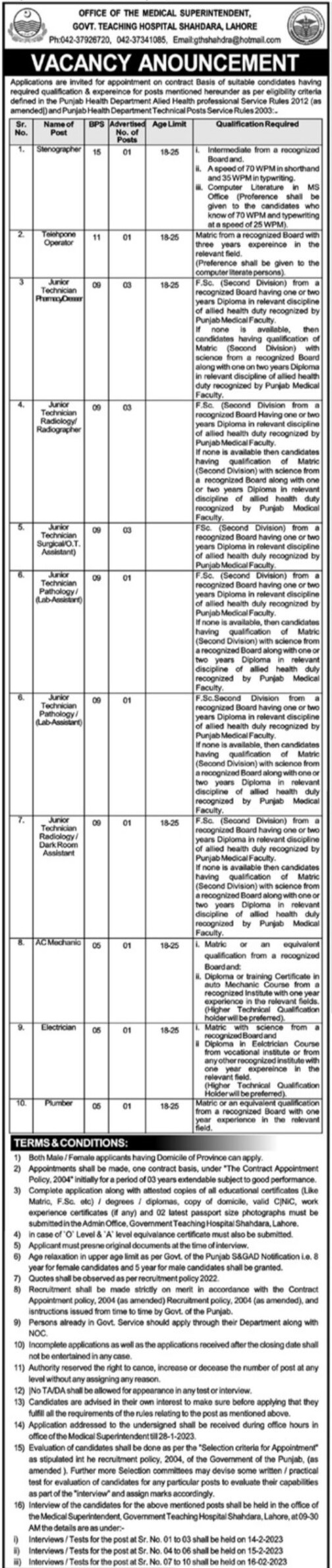 Government Teaching Hospital Shahdara Lahore Jobs 2024 Application Form Vacant Positions