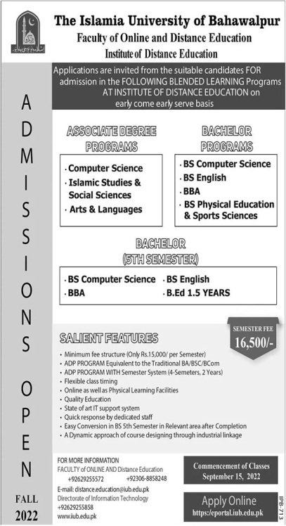 Islamia University Bahawalpur Offers Distance Education 2024 Online Registration Courses