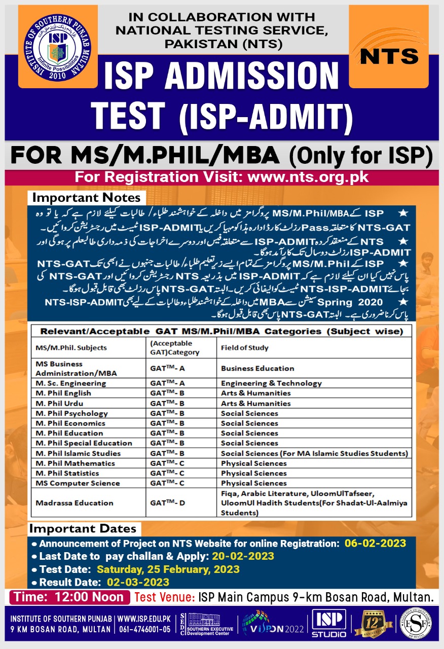 ISP NTS Special GAT TEST 2024 Online Registration Roll No Slip