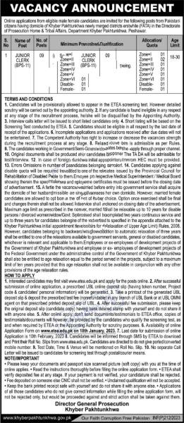 Prosecution Department KPK Jobs 2024 ETEA Online Registration