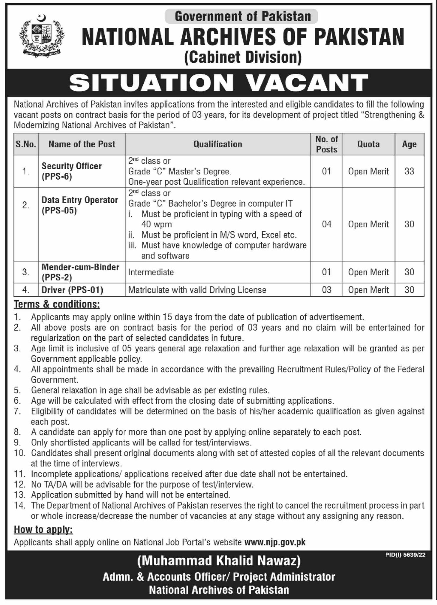 National Archives of Pakistan Jobs 2024 Online Application Form