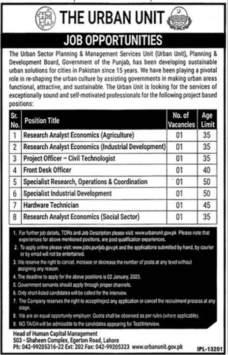 Urban Unit Jobs 2024 Online Application Form Last Date